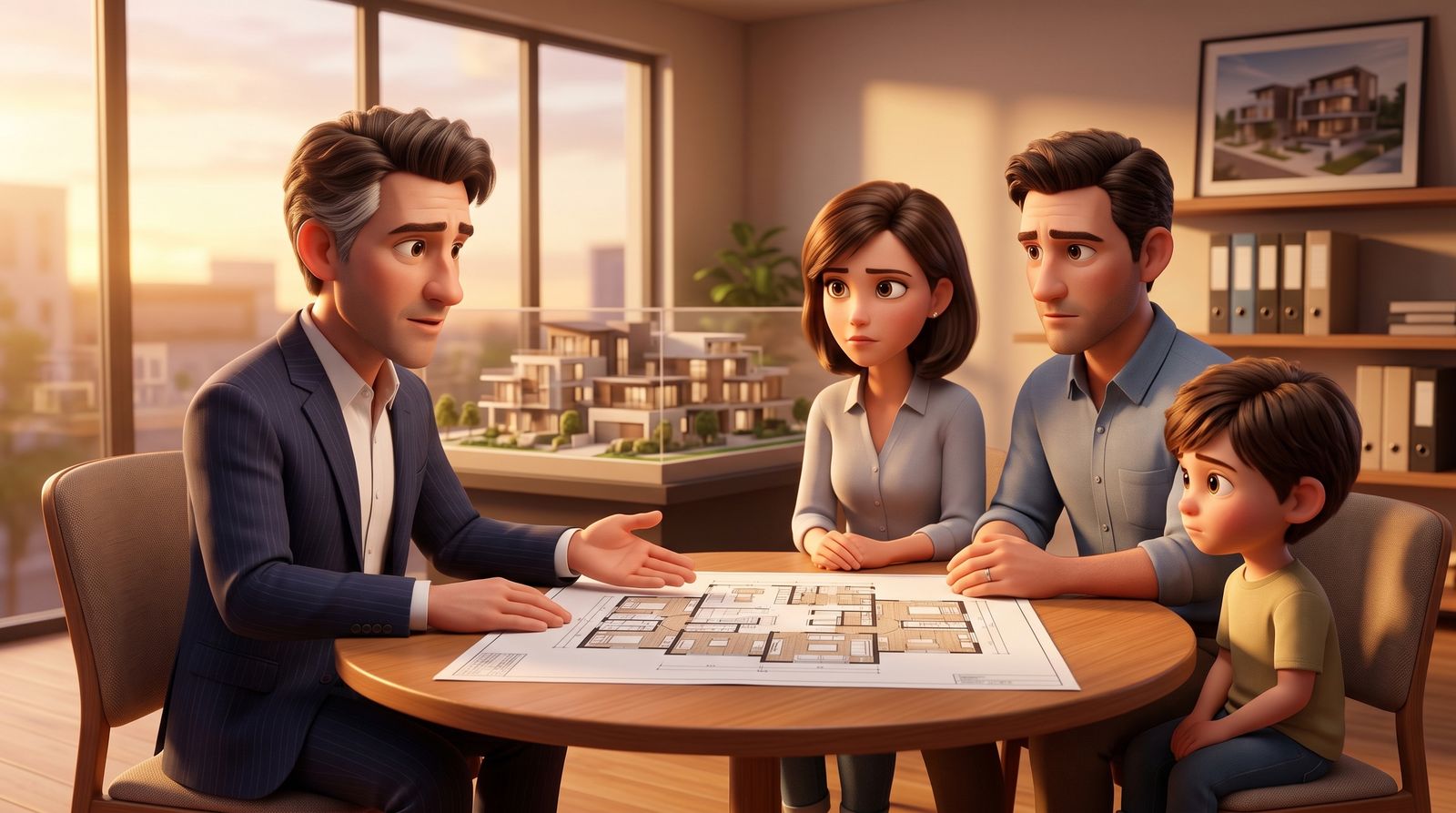 Paco revisa el plano de un apartamento con una familia